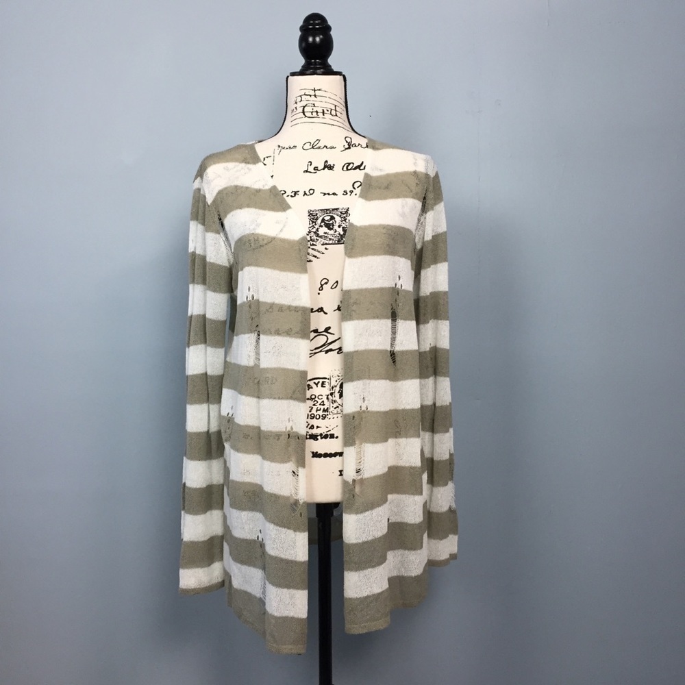 Pol Shredded Striped Open Front Knit Cardigan